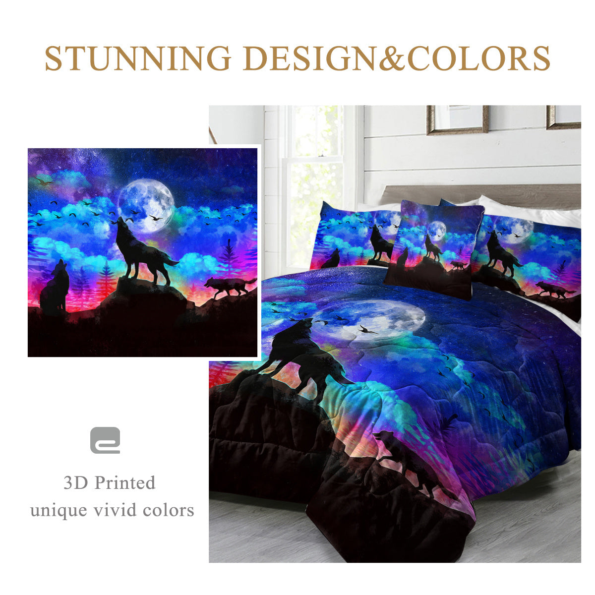 HKM-077843 3D Wolf Howling Comforter Set - 4 Piece Bedding Set in Purple, Blue, Black for Twin, Full, Queen, King Sizes
