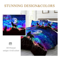 HKM-077843 3D Wolf Howling Comforter Set - 4 Piece Bedding Set in Purple, Blue, Black for Twin, Full, Queen, King Sizes