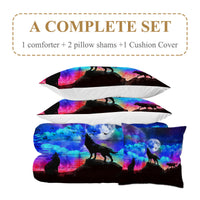 HKM-077843 3D Wolf Howling Comforter Set - 4 Piece Bedding Set in Purple, Blue, Black for Twin, Full, Queen, King Sizes
