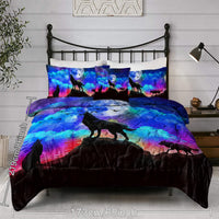 HKM-077843 3D Wolf Howling Comforter Set - 4 Piece Bedding Set in Purple, Blue, Black for Twin, Full, Queen, King Sizes