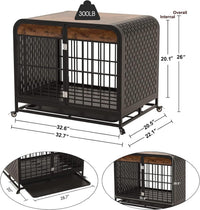 HKM-077843 Heavy Duty Wooden Dog Crate Table with Removable Tray and Lockable Wheels, 33-inch Brown
