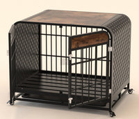 HKM-077843 Heavy Duty Wooden Dog Crate Table with Removable Tray and Lockable Wheels, 33-inch Brown
