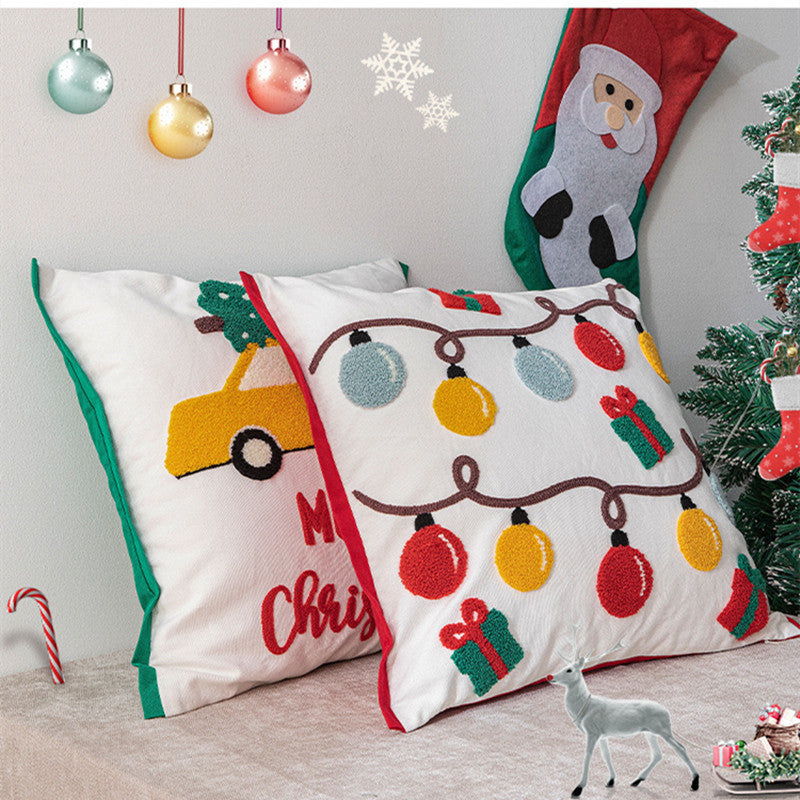 HKM-078163 Christmas Themed Embroidered Cotton Pillowcase - Lantern & Santa Claus Design, 45x45cm
