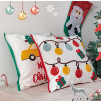 HKM-078163 Christmas Themed Embroidered Cotton Pillowcase - Lantern & Santa Claus Design, 45x45cm