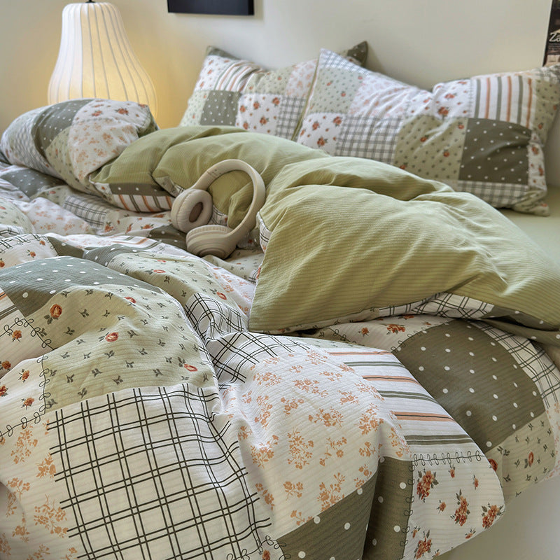 HKM-078163 Washed Brushed Three-Piece Bedding Set with Plant and Flower Design