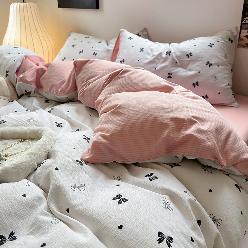 HKM-078163 Washed Brushed Three-Piece Bedding Set with Plant and Flower Design