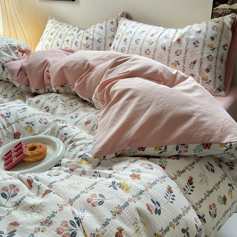 HKM-078163 Washed Brushed Three-Piece Bedding Set with Plant and Flower Design