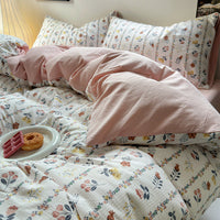 HKM-078163 Washed Brushed Three-Piece Bedding Set with Plant and Flower Design