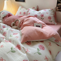 HKM-078163 Washed Brushed Three-Piece Bedding Set with Plant and Flower Design