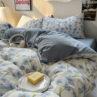 HKM-078163 Washed Brushed Three-Piece Bedding Set with Plant and Flower Design