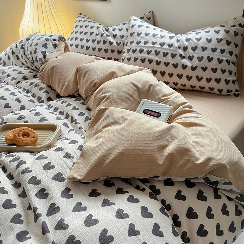 HKM-078163 Washed Brushed Three-Piece Bedding Set with Plant and Flower Design