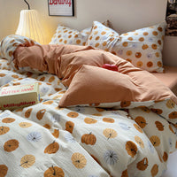HKM-078163 Washed Brushed Three-Piece Bedding Set with Plant and Flower Design