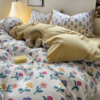 HKM-078163 Washed Brushed Three-Piece Bedding Set with Plant and Flower Design