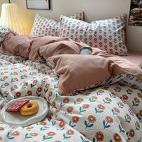 HKM-078163 Washed Brushed Three-Piece Bedding Set with Plant and Flower Design