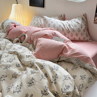 HKM-078163 Washed Brushed Three-Piece Bedding Set with Plant and Flower Design