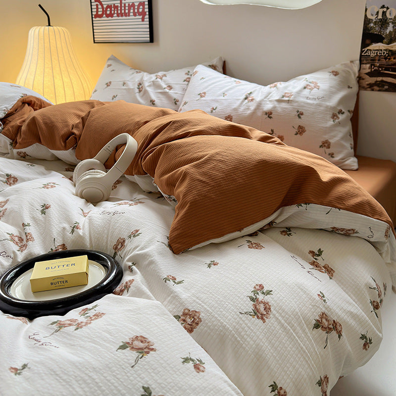 HKM-078163 Washed Brushed Three-Piece Bedding Set with Plant and Flower Design
