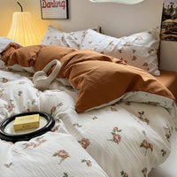 HKM-078163 Washed Brushed Three-Piece Bedding Set with Plant and Flower Design