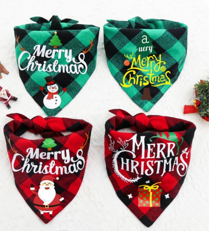 HKM-078931 Double-Layer Cotton Pet Triangle Scarf - Reversible Design in Red/Black and Green/Black Patterns