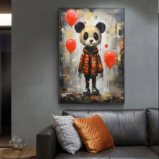 HKM-078931 Handmade Oil Painting Canvas - Graffiti Panda Wall Art for Children's Room, Unstretched & Frameless