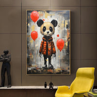 HKM-078931 Handmade Oil Painting Canvas - Graffiti Panda Wall Art for Children's Room, Unstretched & Frameless