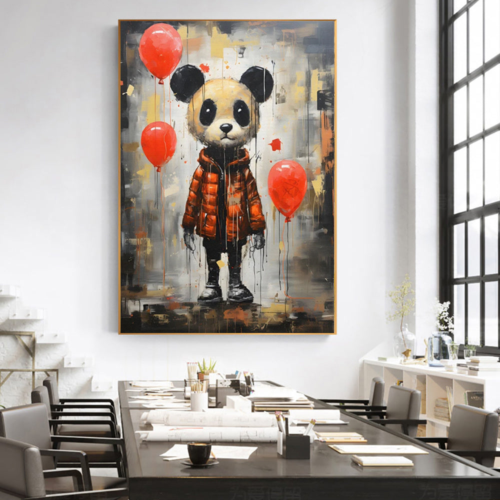 HKM-078931 Handmade Oil Painting Canvas - Graffiti Panda Wall Art for Children's Room, Unstretched & Frameless