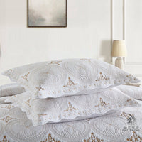 HKM-078995 European-Style Double Thick Cotton Embroidery Bed Cover Set with Pillowcases - Solid Color 3-Piece Set