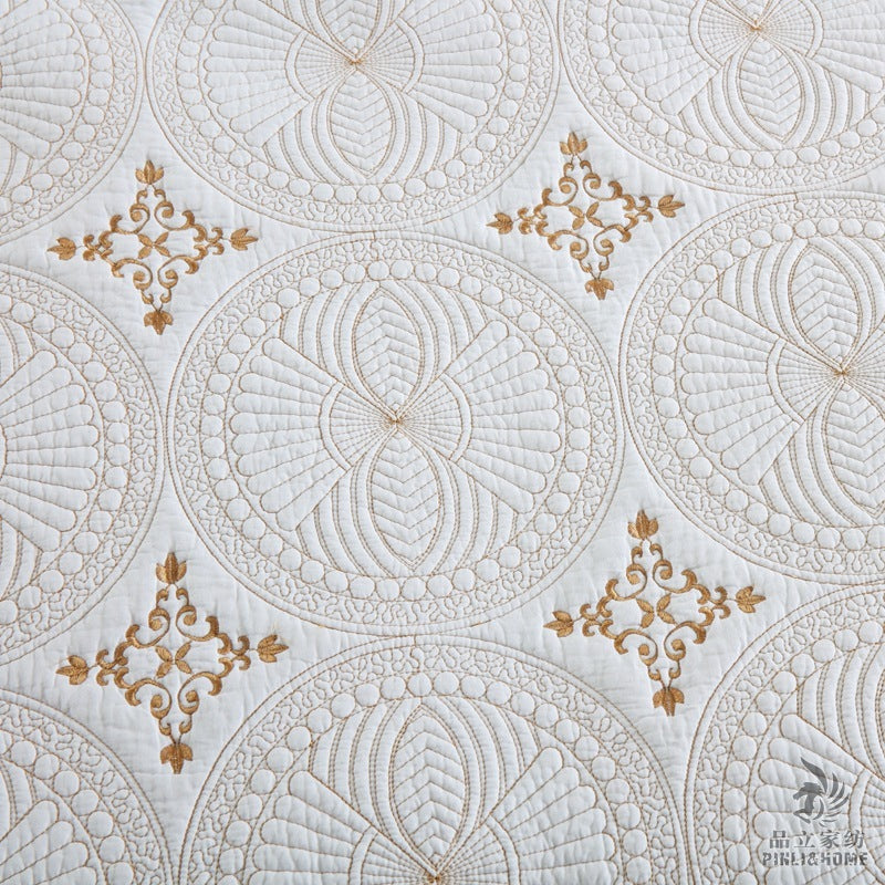 HKM-078995 European-Style Double Thick Cotton Embroidery Bed Cover Set with Pillowcases - Solid Color 3-Piece Set