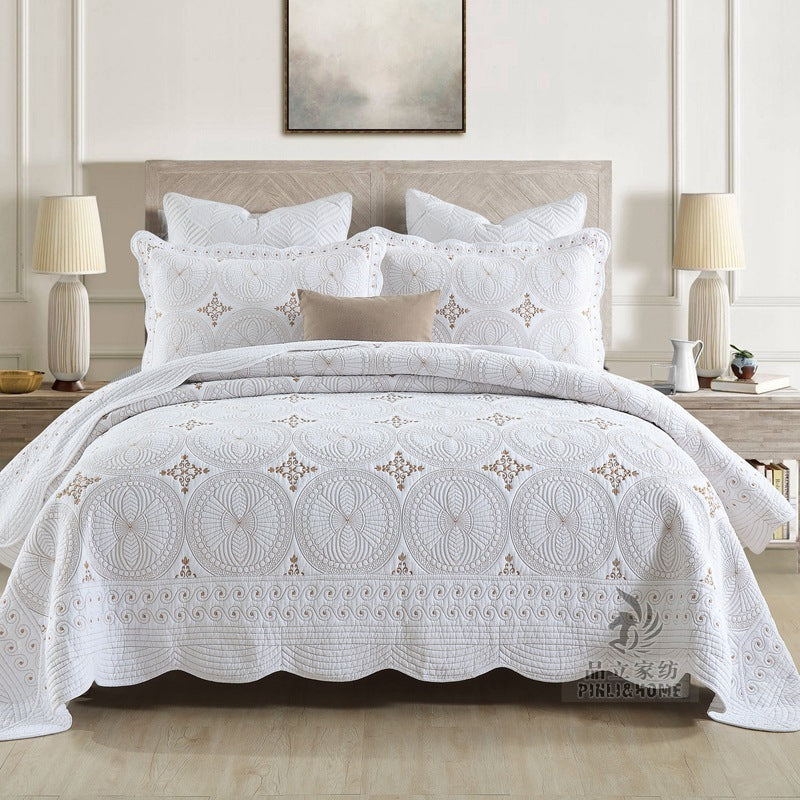HKM-078995 European-Style Double Thick Cotton Embroidery Bed Cover Set with Pillowcases - Solid Color 3-Piece Set