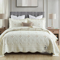 HKM-078995 European-Style Double Thick Cotton Embroidery Bed Cover Set with Pillowcases - Solid Color 3-Piece Set
