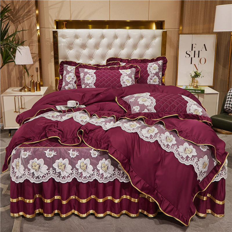 HKM-079827 Princess Style Lace Bed Skirt Tencel Four-Piece Bedding Set in Multiple Colors
