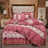 HKM-079827 Princess Style Lace Bed Skirt Tencel Four-Piece Bedding Set in Multiple Colors