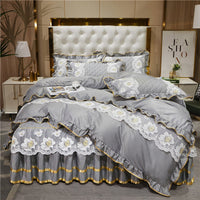 HKM-079827 Princess Style Lace Bed Skirt Tencel Four-Piece Bedding Set in Multiple Colors