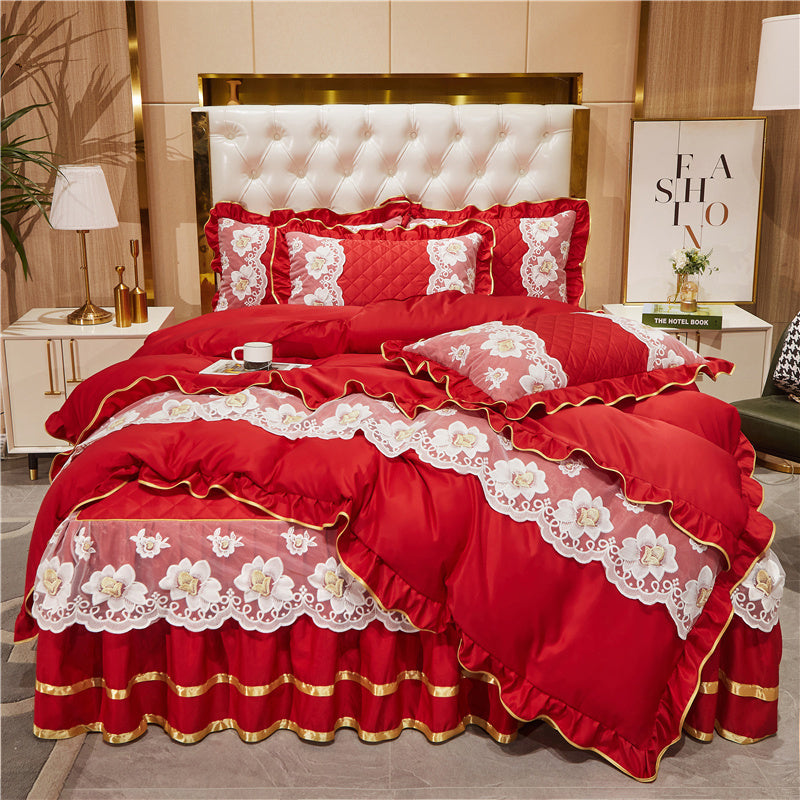 HKM-079827 Princess Style Lace Bed Skirt Tencel Four-Piece Bedding Set in Multiple Colors
