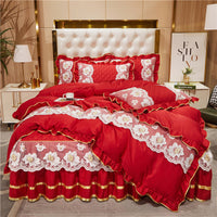 HKM-079827 Princess Style Lace Bed Skirt Tencel Four-Piece Bedding Set in Multiple Colors