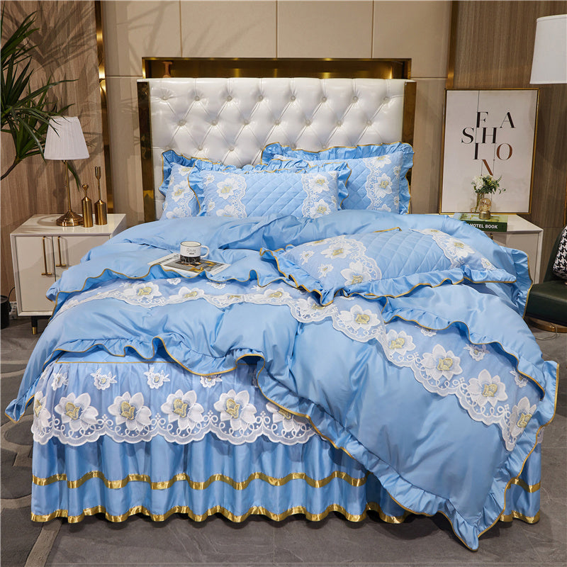 HKM-079827 Princess Style Lace Bed Skirt Tencel Four-Piece Bedding Set in Multiple Colors