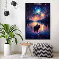 HKM-080083 Handmade Oil Painting of Starry Sky and Lake Landscape for Home Wall Decor