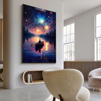 HKM-080083 Handmade Oil Painting of Starry Sky and Lake Landscape for Home Wall Decor