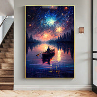 HKM-080083 Handmade Oil Painting of Starry Sky and Lake Landscape for Home Wall Decor