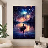 HKM-080083 Handmade Oil Painting of Starry Sky and Lake Landscape for Home Wall Decor