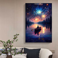 HKM-080083 Handmade Oil Painting of Starry Sky and Lake Landscape for Home Wall Decor