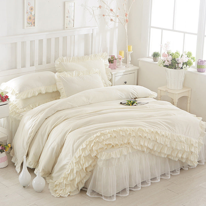 HKM-080147 Solid Color Lace Bedspread Set with Bed Skirt and Pillowcases in Multiple Colors