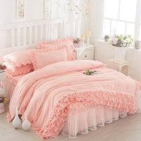 HKM-080147 Solid Color Lace Bedspread Set with Bed Skirt and Pillowcases in Multiple Colors