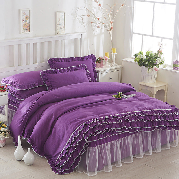 HKM-080147 Solid Color Lace Bedspread Set with Bed Skirt and Pillowcases in Multiple Colors