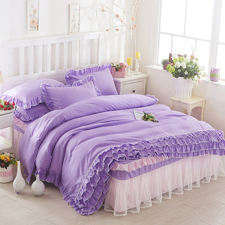 HKM-080147 Solid Color Lace Bedspread Set with Bed Skirt and Pillowcases in Multiple Colors