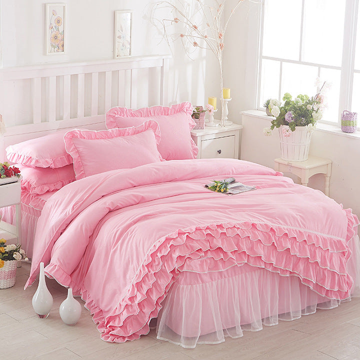 HKM-080147 Solid Color Lace Bedspread Set with Bed Skirt and Pillowcases in Multiple Colors