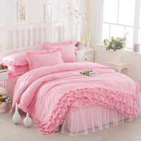 HKM-080147 Solid Color Lace Bedspread Set with Bed Skirt and Pillowcases in Multiple Colors