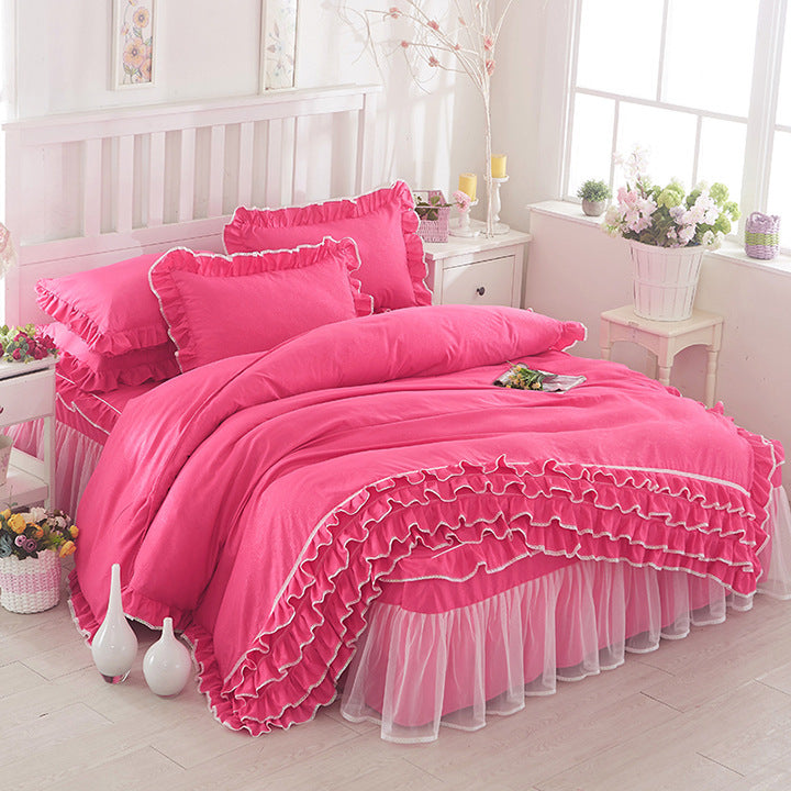 HKM-080147 Solid Color Lace Bedspread Set with Bed Skirt and Pillowcases in Multiple Colors