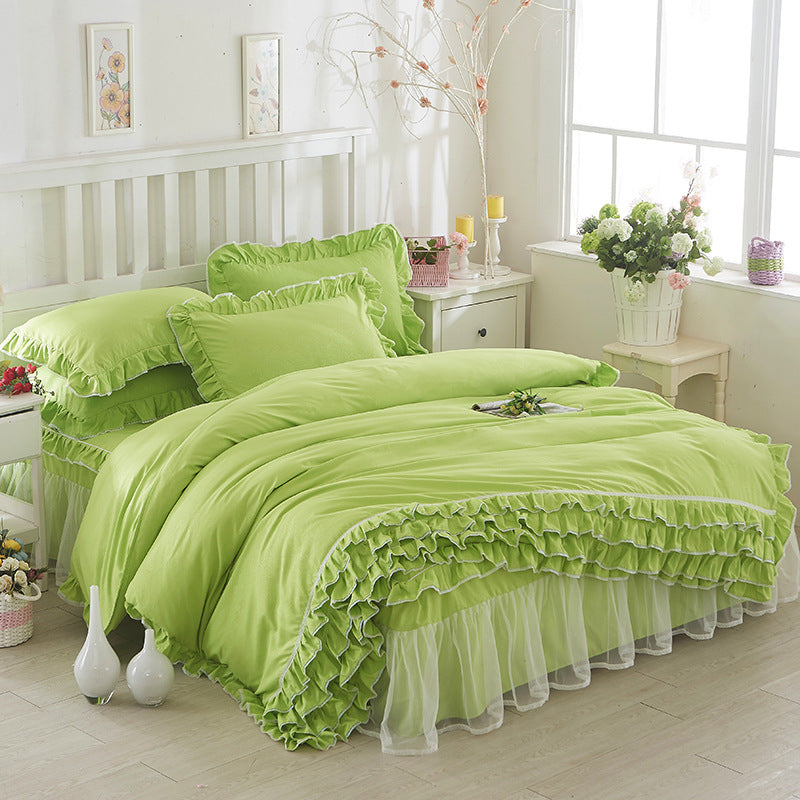 HKM-080147 Solid Color Lace Bedspread Set with Bed Skirt and Pillowcases in Multiple Colors
