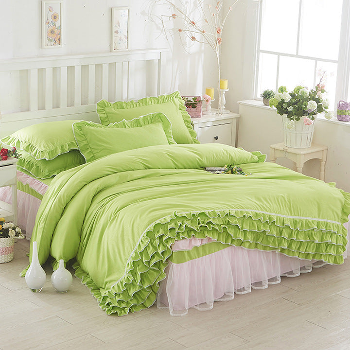 HKM-080147 Solid Color Lace Bedspread Set with Bed Skirt and Pillowcases in Multiple Colors
