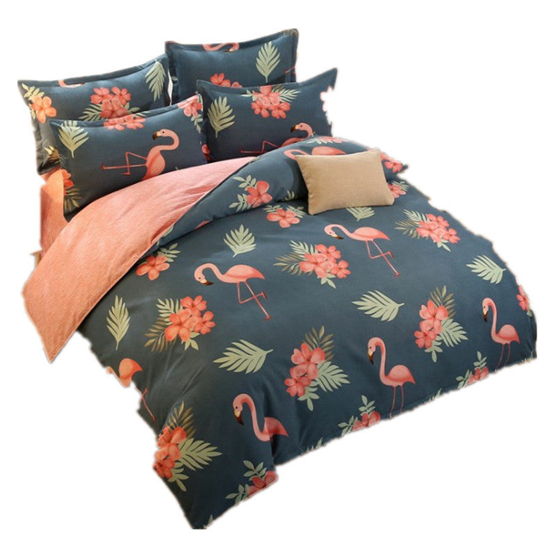 HKM-080467 Flamingo and Floral 4-Piece Cotton-Blend Bedding Set with Personalized Designs